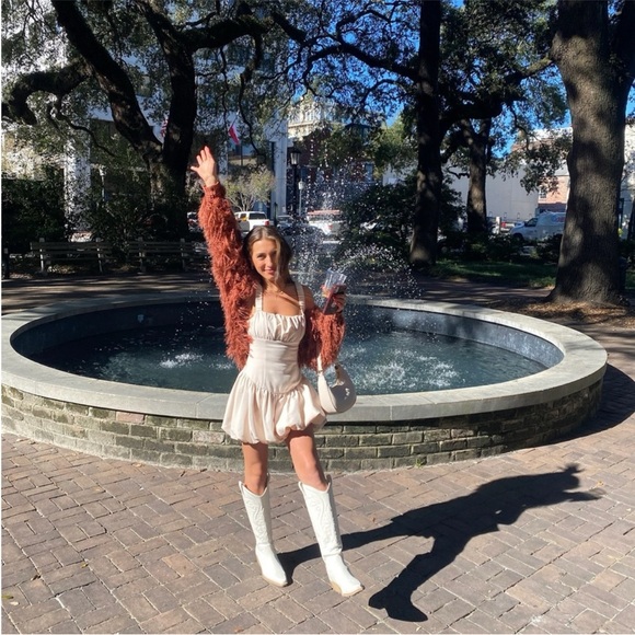 MORE TO COME cream Blair Mini Dress puff bubble skirt square neck M - Picture 2 of 8